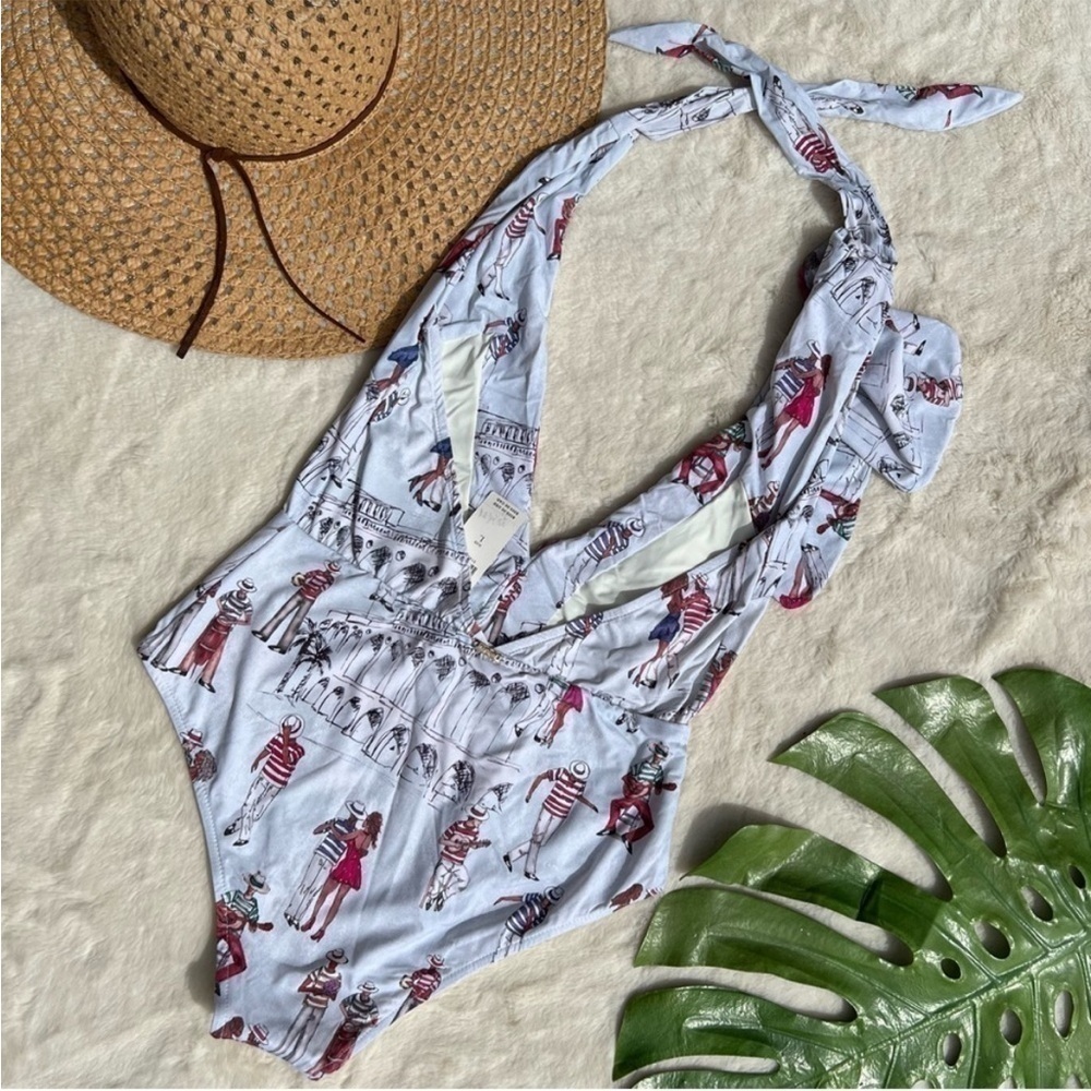 PatBO Rio Print Ruffle Deep V One Piece Swimsuit NWT Brazil Anthro Large - Picture 6 of 12